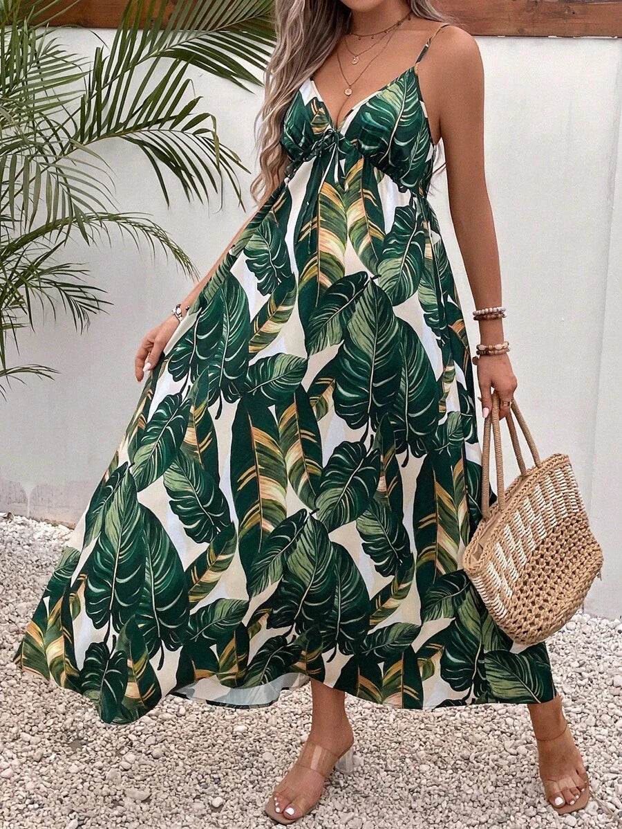Maternity Tropical Print Backless Cami Maxi Dress Loose High Waist Boho Beach Dress with Flared Hem