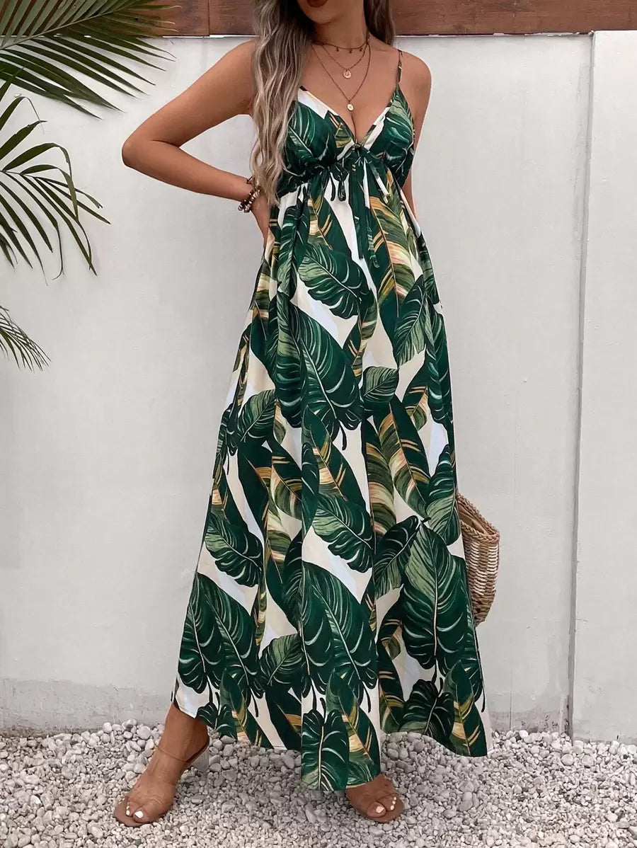 Maternity Tropical Print Backless Cami Maxi Dress Loose High Waist Boho Beach Dress with Flared Hem