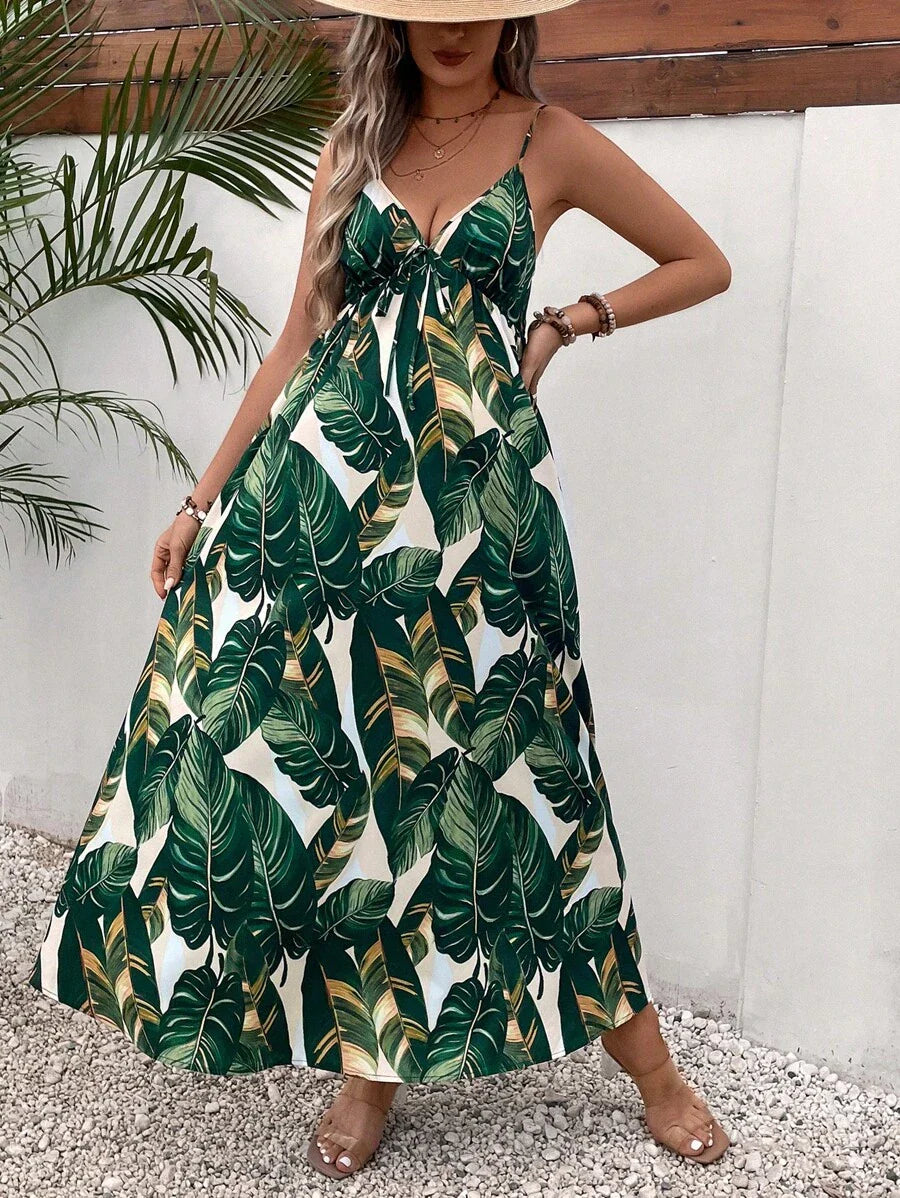 Maternity Tropical Print Backless Cami Maxi Dress Loose High Waist Boho Beach Dress with Flared Hem