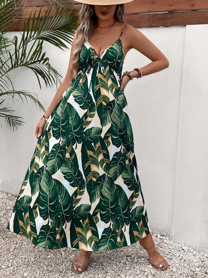 Maternity Tropical Print Backless Cami Maxi Dress Loose High Waist Boho Beach Dress with Flared Hem