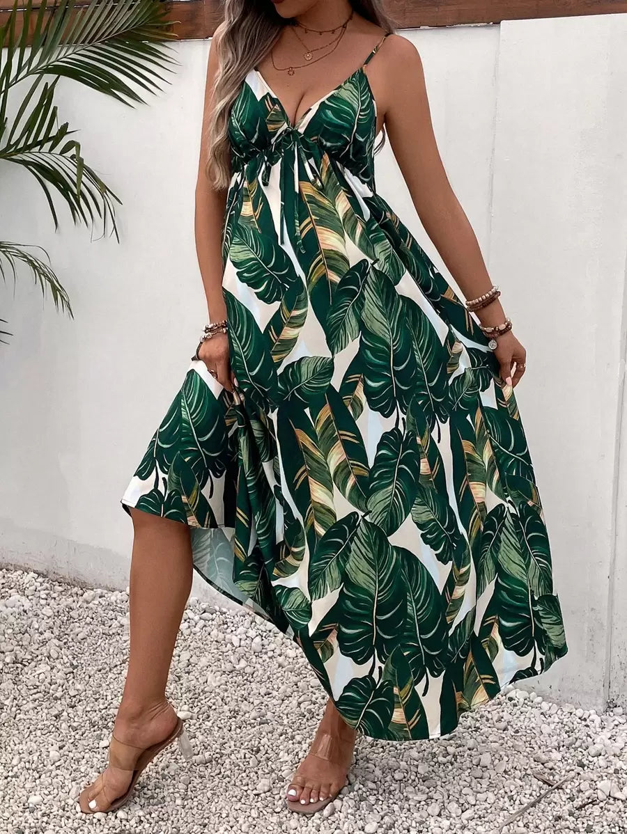 Maternity Tropical Print Backless Cami Maxi Dress Loose High Waist Boho Beach Dress with Flared Hem