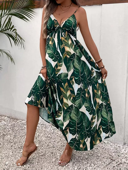 Maternity Tropical Print Backless Cami Maxi Dress Loose High Waist Boho Beach Dress with Flared Hem