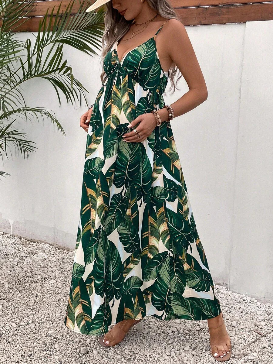 Maternity Tropical Print Backless Cami Maxi Dress Loose High Waist Boho Beach Dress with Flared Hem