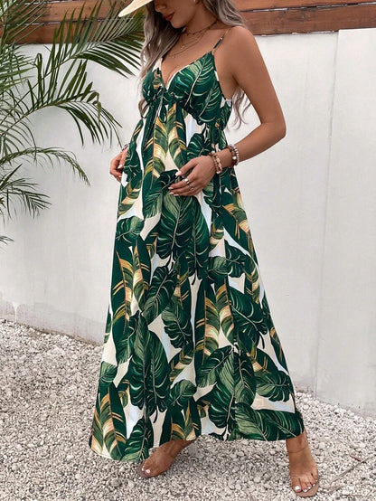 Maternity Tropical Print Backless Cami Maxi Dress Loose High Waist Boho Beach Dress with Flared Hem