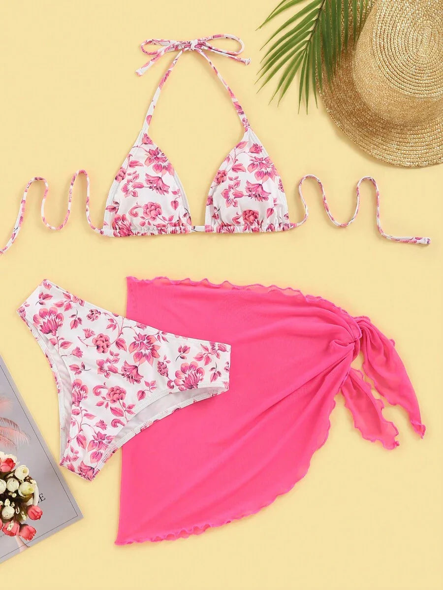 Women's 3-Piece Shell Print Bikini Set - V-Neck Halter, Triangle, Side Tie Skirt, Multicolor
