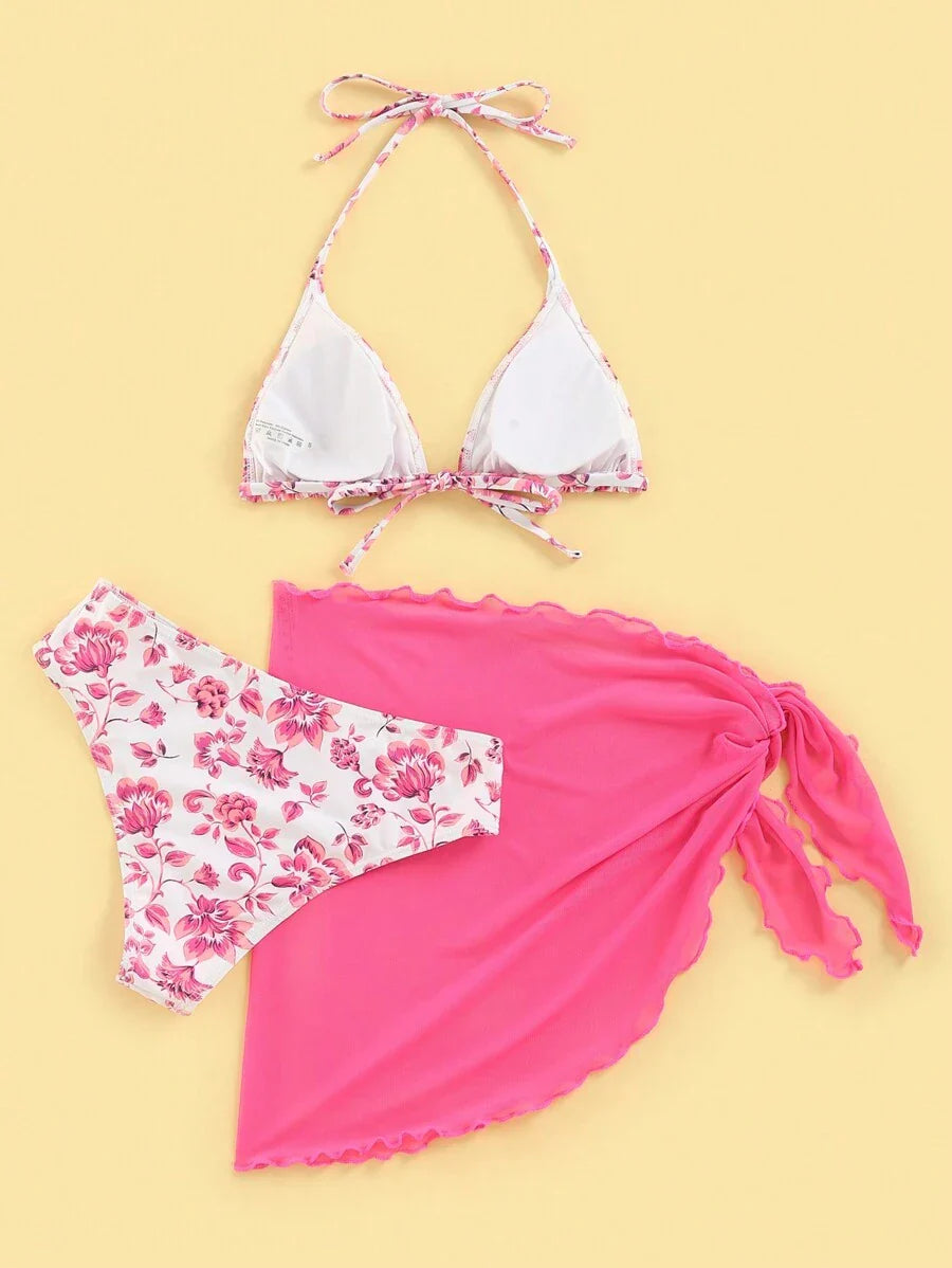 Women's 3-Piece Shell Print Bikini Set - V-Neck Halter, Triangle, Side Tie Skirt, Multicolor