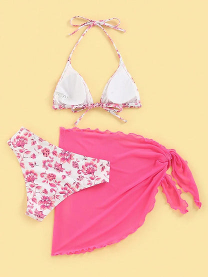 Women's 3-Piece Shell Print Bikini Set - V-Neck Halter, Triangle, Side Tie Skirt, Multicolor
