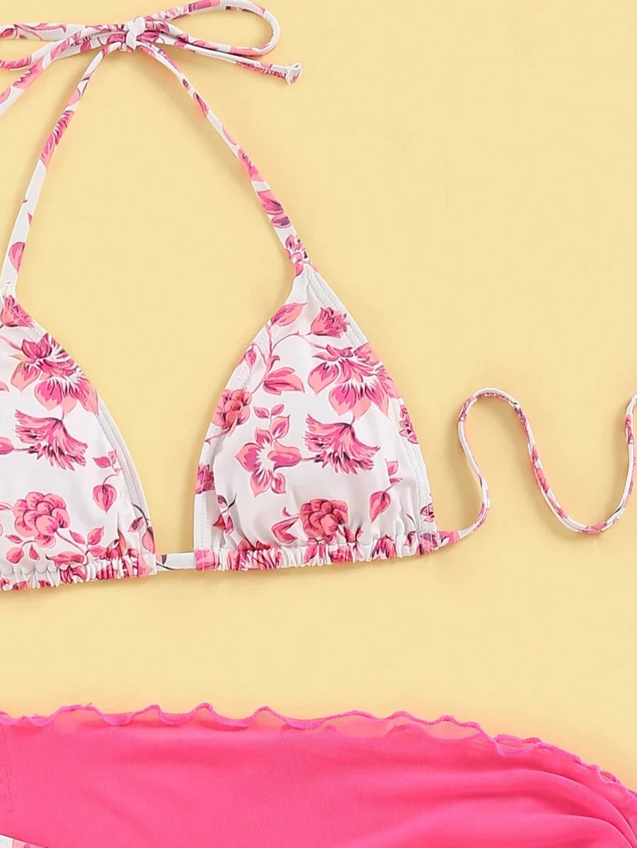 Women's 3-Piece Shell Print Bikini Set - V-Neck Halter, Triangle, Side Tie Skirt, Multicolor