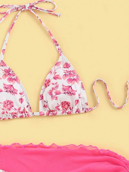 Women's 3-Piece Shell Print Bikini Set - V-Neck Halter, Triangle, Side Tie Skirt, Multicolor