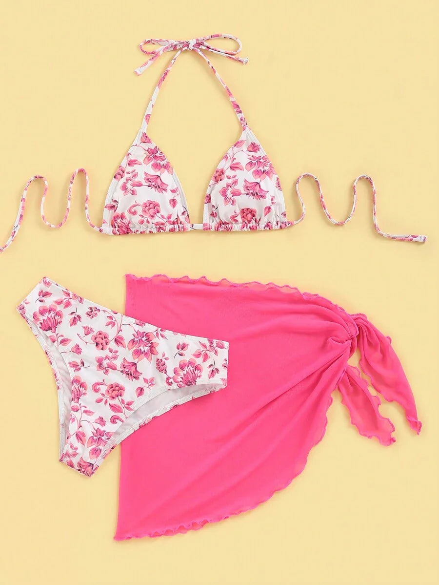 Women's 3-Piece Shell Print Bikini Set - V-Neck Halter, Triangle, Side Tie Skirt, Multicolor