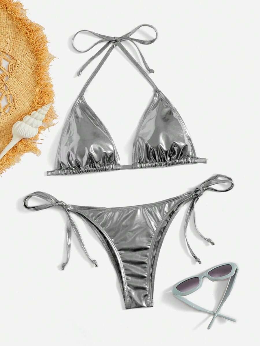 Swim Vcay Solid Color Neck Tie Split Bikini Swimsuit, Summer