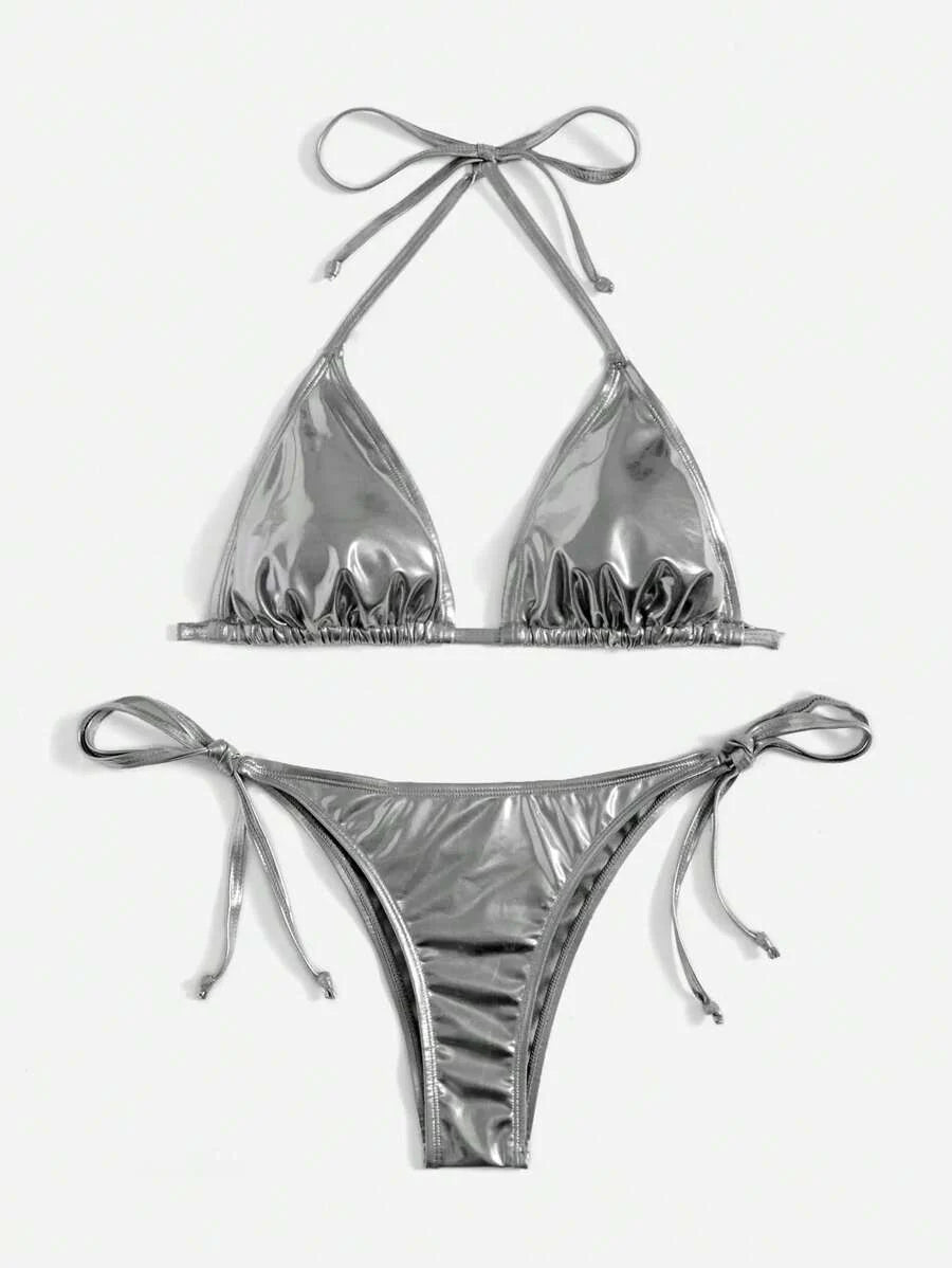 Swim Vcay Solid Color Neck Tie Split Bikini Swimsuit, Summer