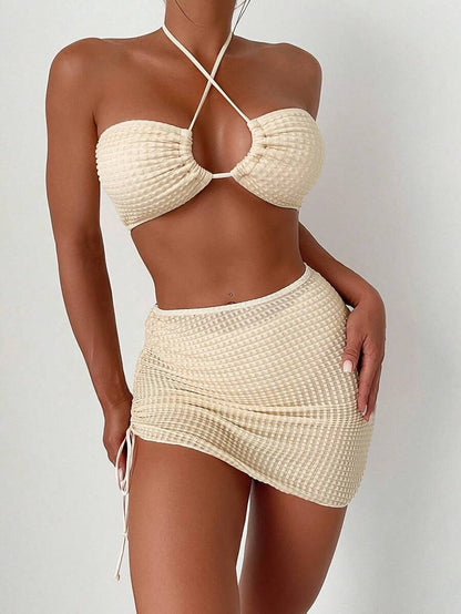 Swim Vcay Separates Swimwear With Halter Neck Solid Color Top, Triangle Bottoms And Sarong Skirt For Summer Beach Vacation