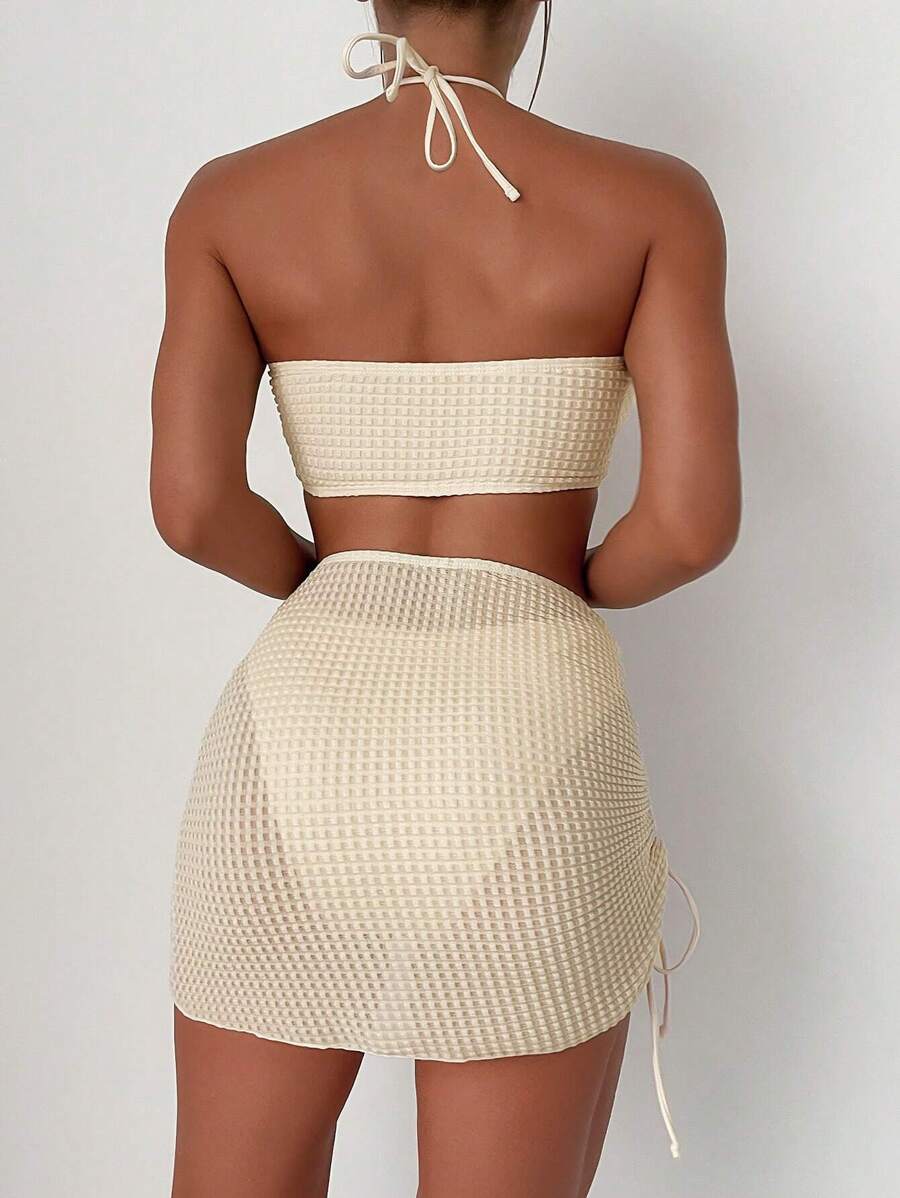 Swim Vcay Separates Swimwear With Halter Neck Solid Color Top, Triangle Bottoms And Sarong Skirt For Summer Beach Vacation