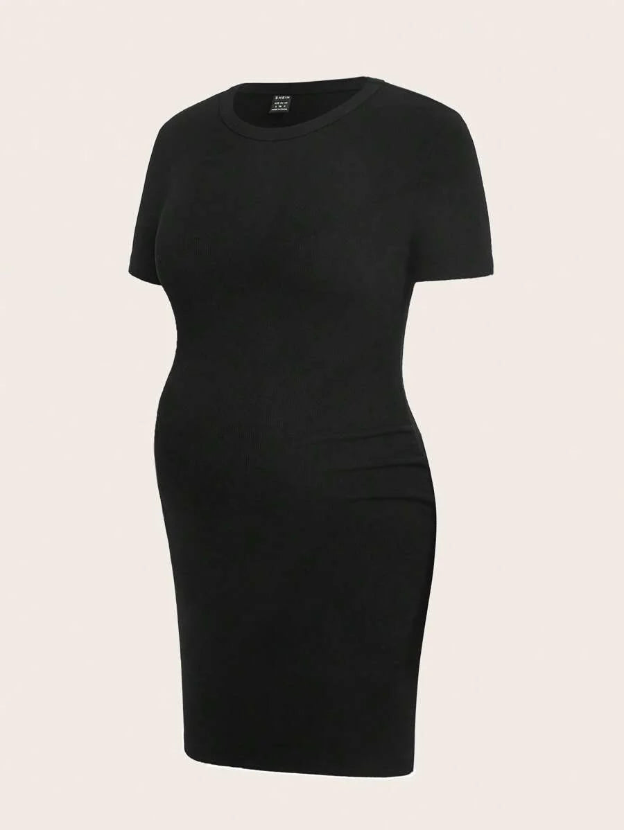 Black Rib-Knit Maternity Bodycon Dress - Short Sleeve Round Neck Mini Pencil Dress - Slim Fit Everyday Casual Commute Pregnancy Outfit