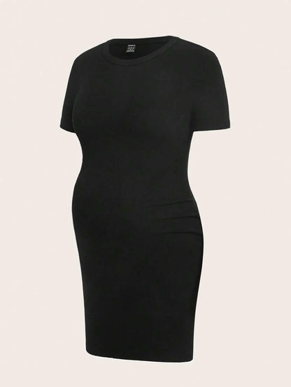 Maternity Round Neck Short Sleeve Rib-Knit Mini Bodycon Dress Slim Fit Breathable Casual Everyday Maternity Outfit