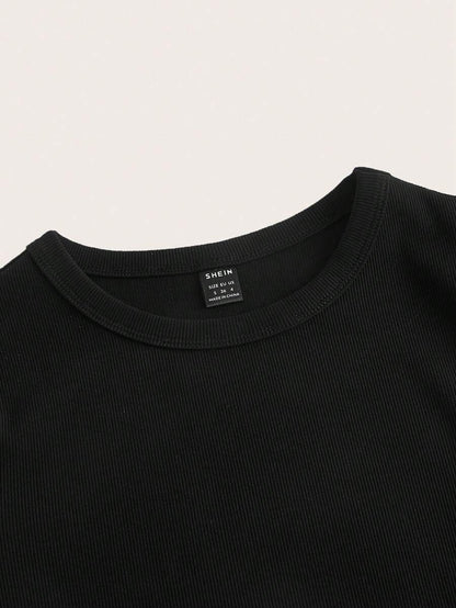 Black Rib-Knit Maternity Bodycon Dress - Short Sleeve Round Neck Mini Pencil Dress - Slim Fit Everyday Casual Commute Pregnancy Outfit