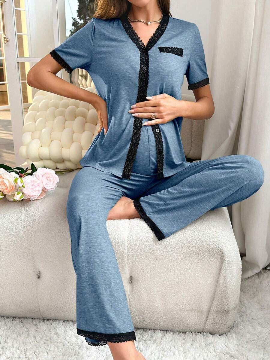 Maternity Button Front Pajama Set Women Contrast Trim Nursing Sleepwear Lounge Set