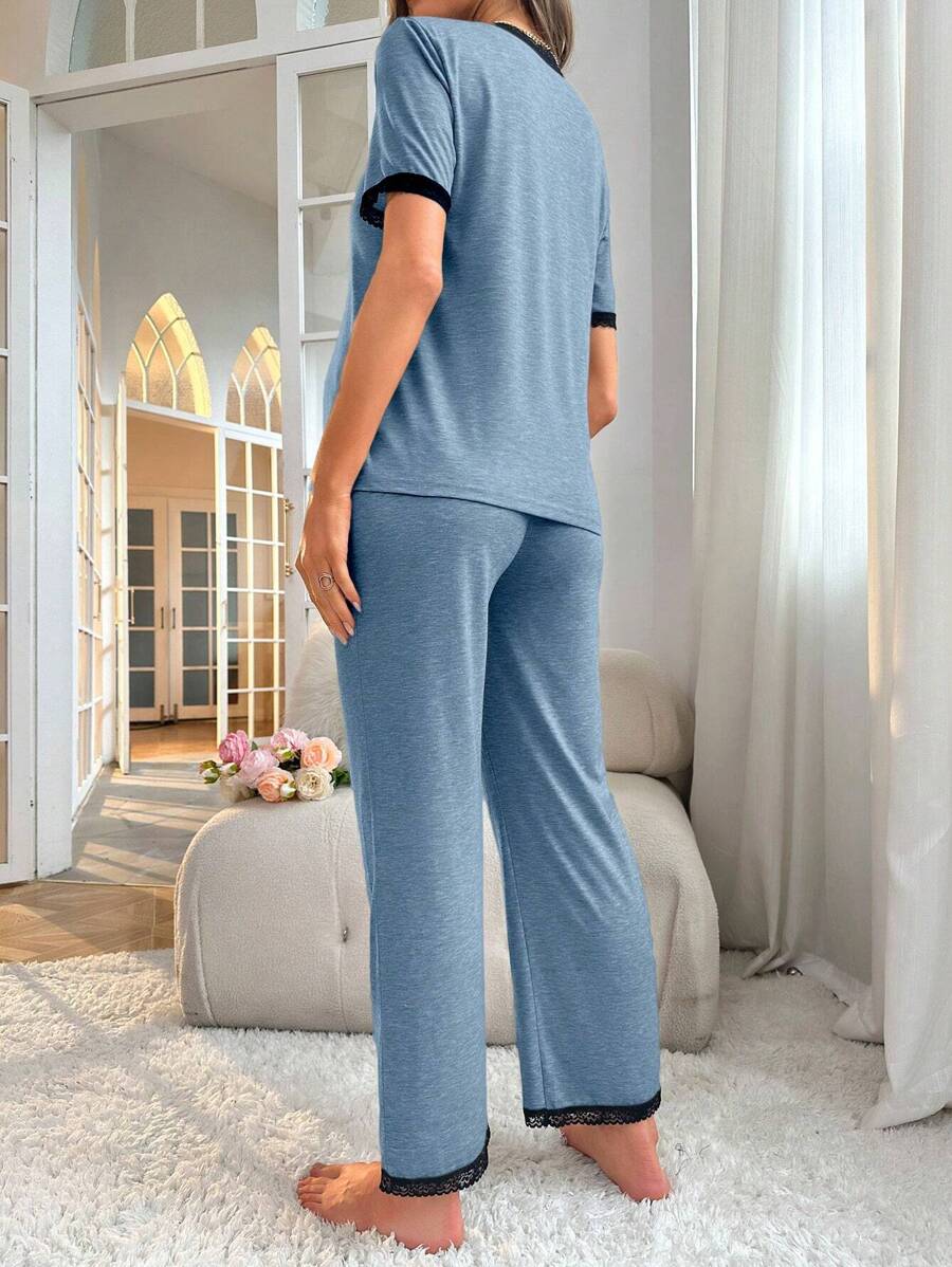 Maternity Button Front Pajama Set Women Contrast Trim Nursing Sleepwear Lounge Set
