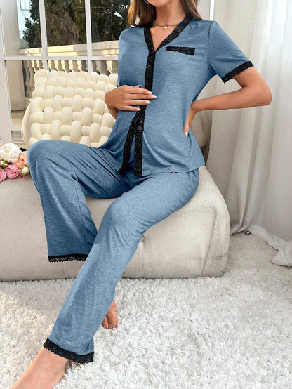 Maternity Button Front Pajama Set Women Contrast Trim Nursing Sleepwear Lounge Set