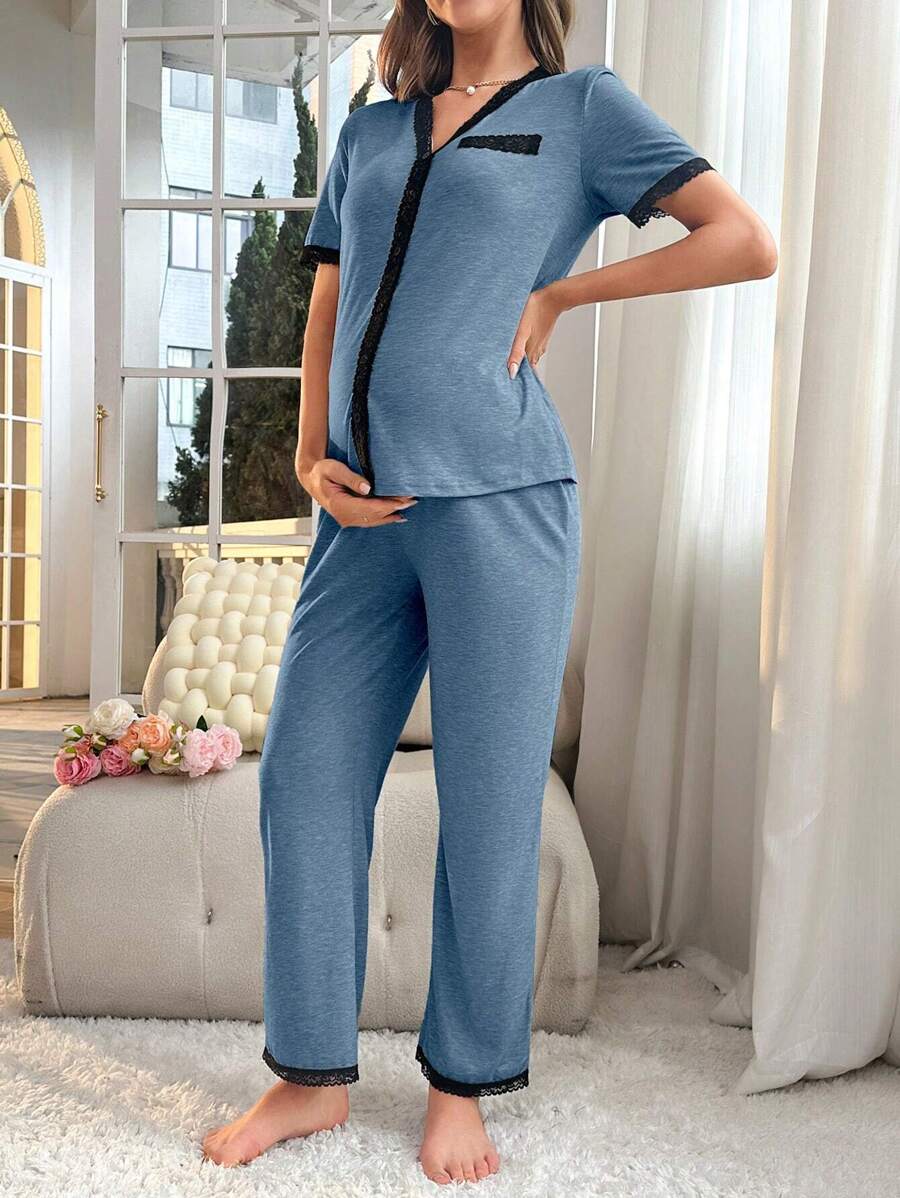 Maternity Button Front Pajama Set Women Contrast Trim Nursing Sleepwear Lounge Set