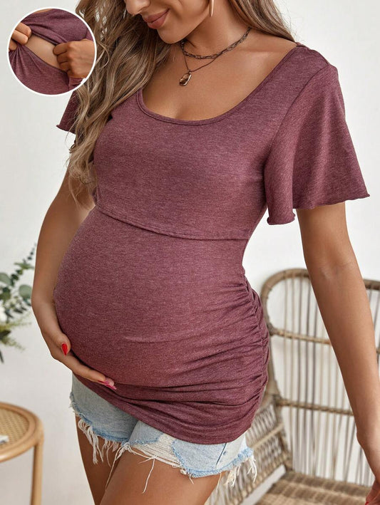 Maternity Scoop Neck Butterfly Sleeve Ruched Tee - Slim Fit Flounce Short Sleeve Nursing Top for Casual Wear
