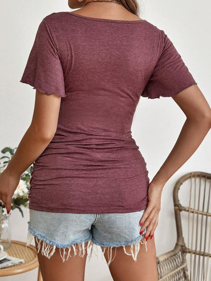 Maternity Scoop Neck Butterfly Sleeve Ruched Tee - Slim Fit Flounce Short Sleeve Nursing Top for Casual Wear