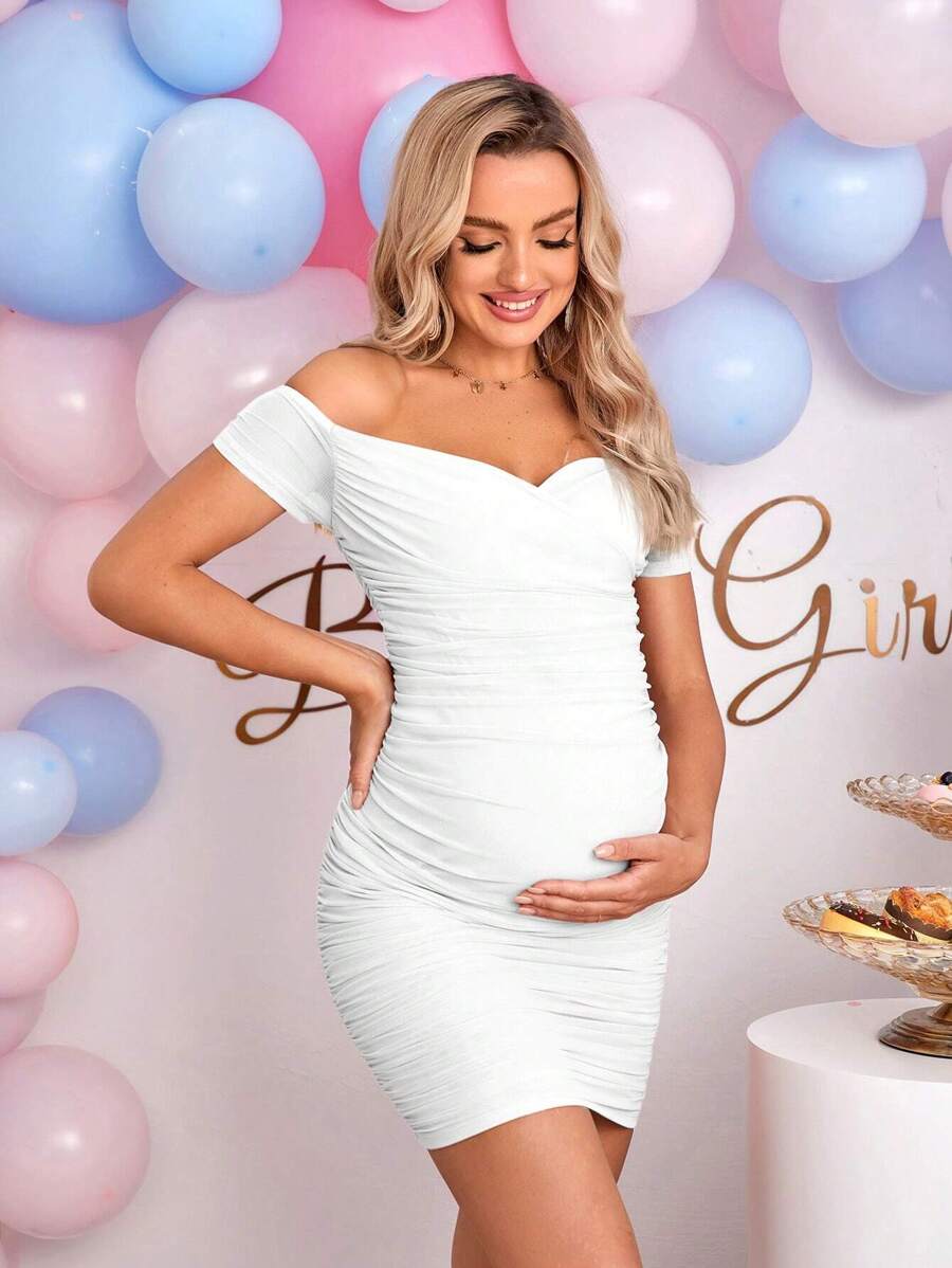 Elegant Off-Shoulder Ruched Fitted Maternity Bodycon Dress Short Sleeve Slim Fit Short Pencil Dress for Daily Wear