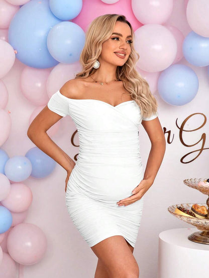 Elegant Off-Shoulder Ruched Fitted Maternity Bodycon Dress Short Sleeve Slim Fit Short Pencil Dress for Daily Wear