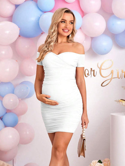 Elegant Off-Shoulder Ruched Fitted Maternity Bodycon Dress Short Sleeve Slim Fit Short Pencil Dress for Daily Wear