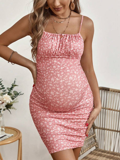 Maternity Ditsy Floral Print Ruched Bust Cami Dress Adjustable Spaghetti Strap Sleeveless V Neck Slim Fit Summer Vacation Sun Dress