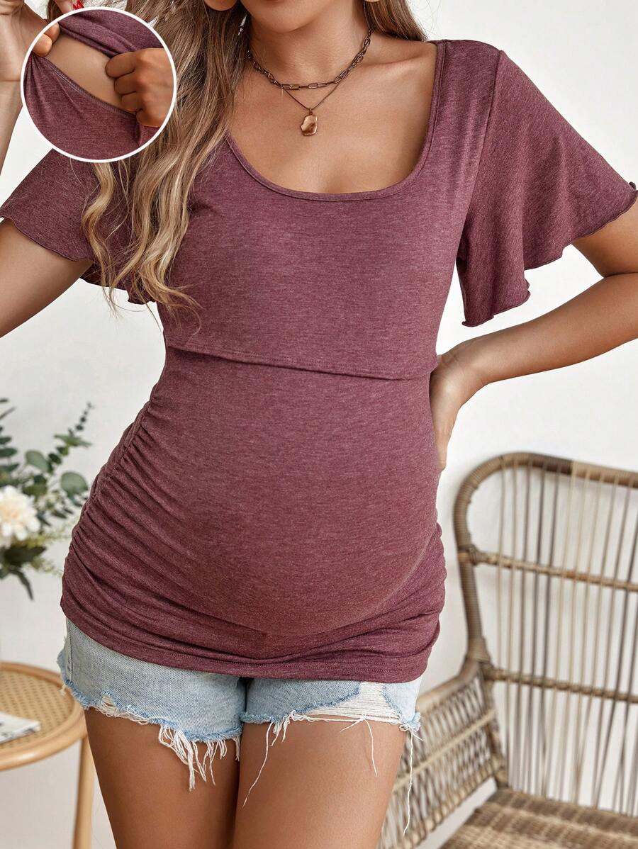 Maternity Scoop Neck Butterfly Sleeve Ruched Tee - Slim Fit Flounce Short Sleeve Nursing Top for Casual Wear