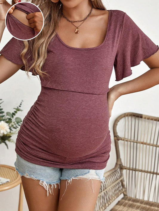 Maternity Scoop Neck Butterfly Sleeve Ruched Tee - Slim Fit Flounce Short Sleeve Nursing Top for Casual Wear