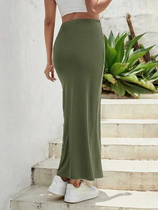 Maternity Ultra High Waist Straight Maxi Skirt with Adjustable Waist Button Detail in Army Green Knitted Fabric