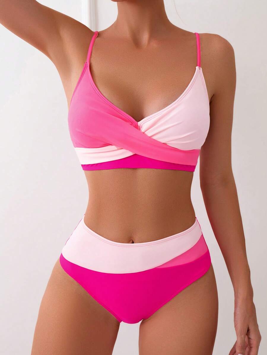 Women's 2-Piece Color-Block Bikini Set - Spaghetti Strap, Criss Cross, High Waist, Multicolor
