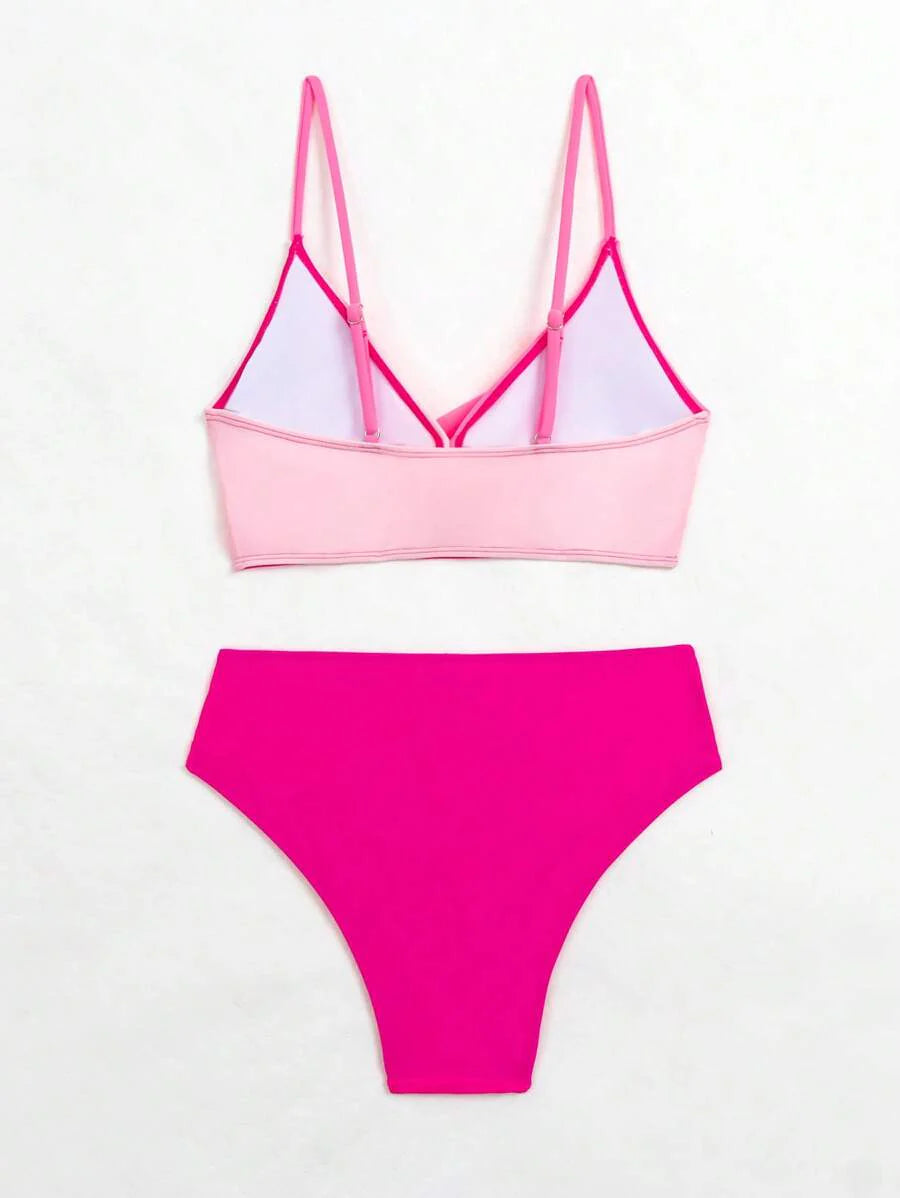 Women's 2-Piece Color-Block Bikini Set - Spaghetti Strap, Criss Cross, High Waist, Multicolor