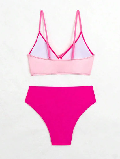 Women's 2-Piece Color-Block Bikini Set - Spaghetti Strap, Criss Cross, High Waist, Multicolor
