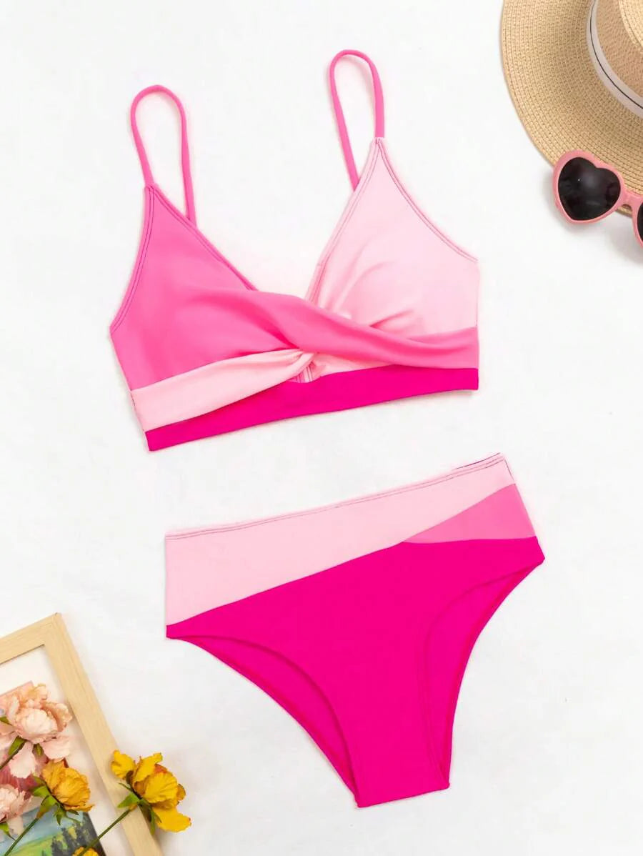 Women's 2-Piece Color-Block Bikini Set - Spaghetti Strap, Criss Cross, High Waist, Multicolor