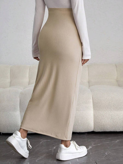 Maternity Ultra High Waist Straight Maxi Skirt with Adjustable Waist Button Detail in Army Green Knitted Fabric