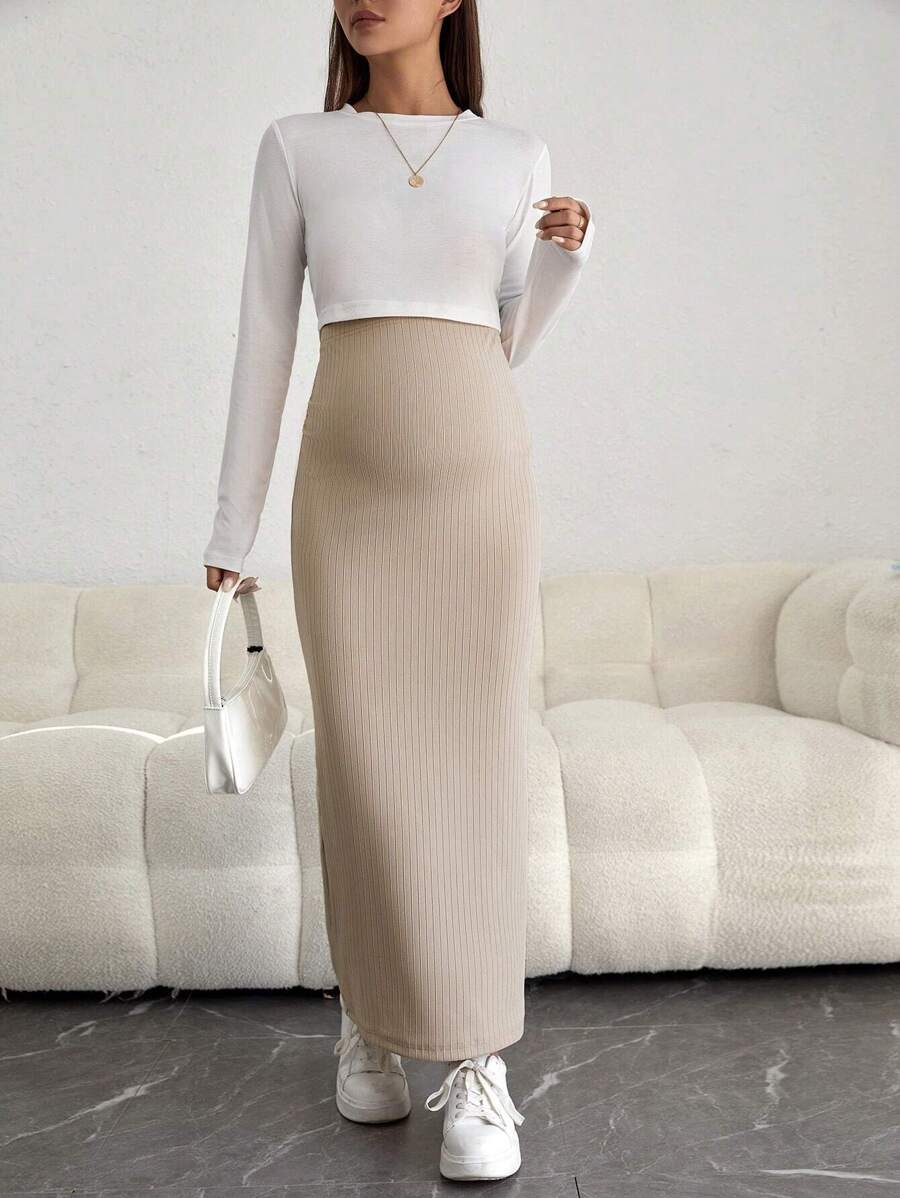Maternity Ultra High Waist Straight Maxi Skirt with Adjustable Waist Button Detail in Army Green Knitted Fabric