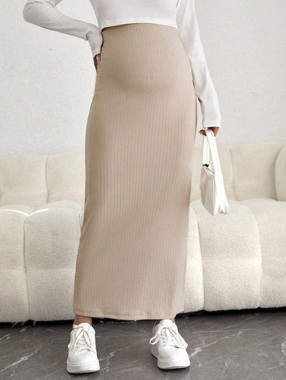 Maternity Ultra High Waist Straight Maxi Skirt with Adjustable Waist Button Detail in Army Green Knitted Fabric