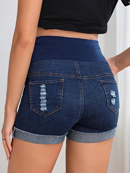 Maternity Denim Shorts - Adjustable Waist, Ripped, Roll Up Hem, Pocket, Dark Wash