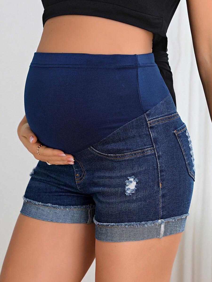 Maternity Black Washed Distressed Skinny Denim Mini Shorts – Elastic Waist Plain Casual Jean Shorts with Pockets