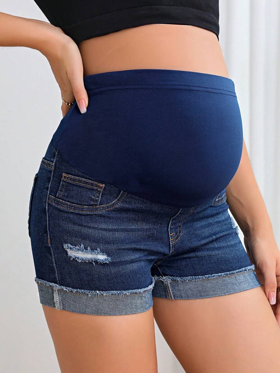 Maternity Black Washed Distressed Skinny Denim Mini Shorts – Elastic Waist Plain Casual Jean Shorts with Pockets