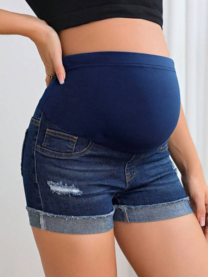 Maternity Black Washed Distressed Skinny Denim Mini Shorts – Elastic Waist Plain Casual Jean Shorts with Pockets