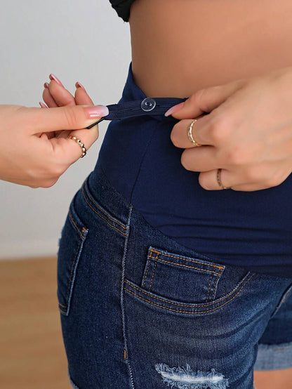 Maternity Black Washed Distressed Skinny Denim Mini Shorts – Elastic Waist Plain Casual Jean Shorts with Pockets