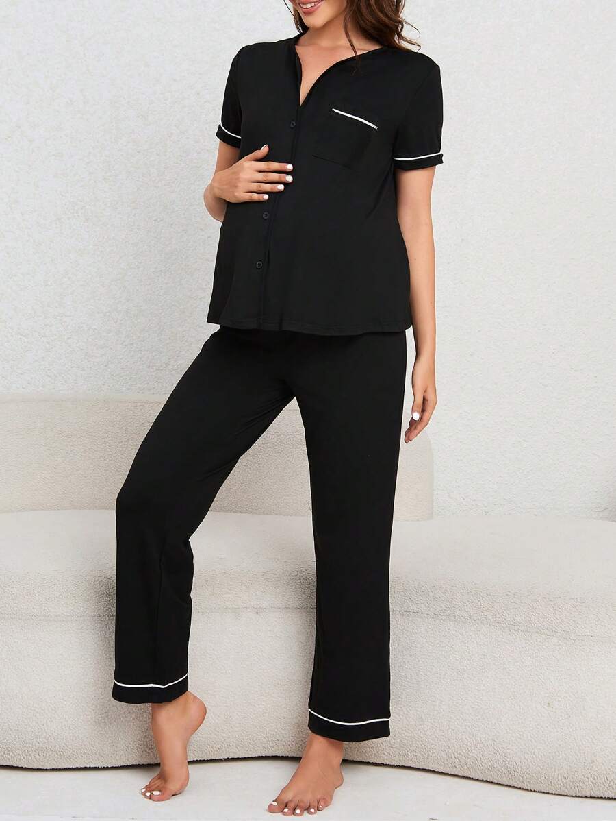 Maternity Button Front Shirt and Pants Loungewear Set Women Casual Sleepwear