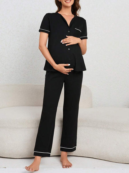 Maternity Button Front Shirt and Pants Loungewear Set Women Casual Sleepwear