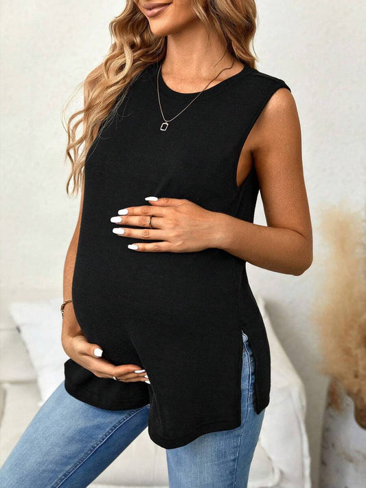 Maternity Tank Top - Black Round Neck Casual Split Hem Knit Sleeveless Longline, Pregnancy