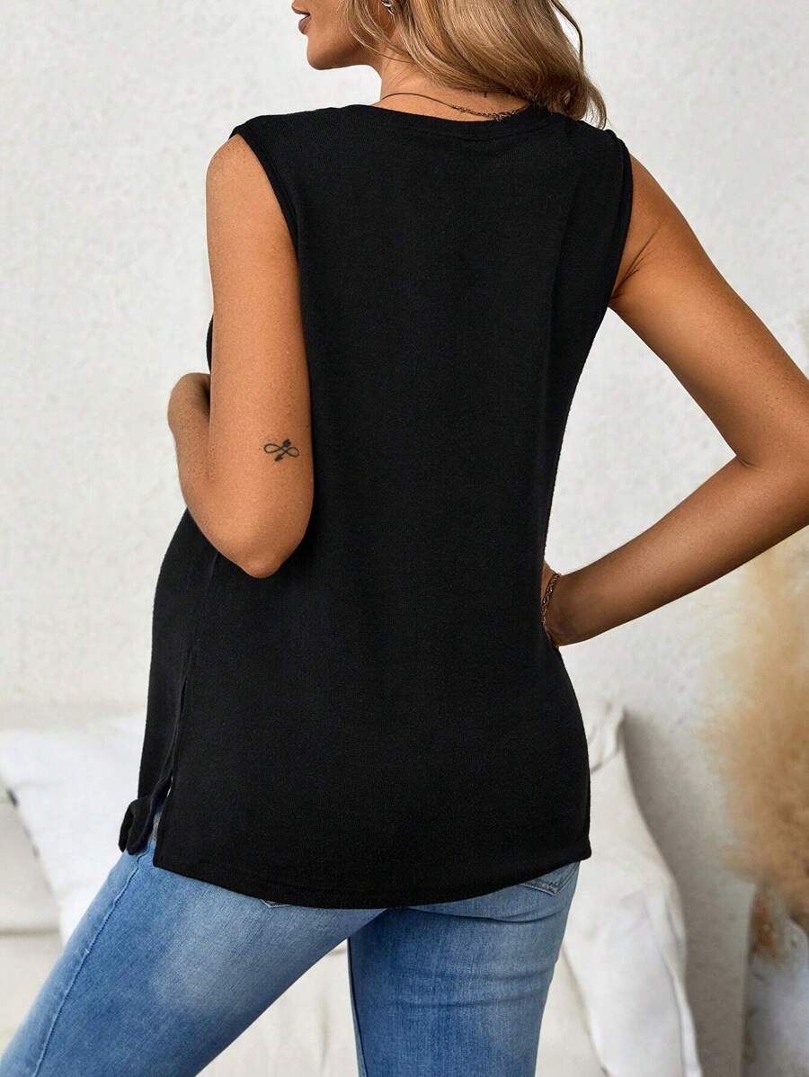 Maternity Tank Top - Black Round Neck Casual Split Hem Knit Sleeveless Longline, Pregnancy